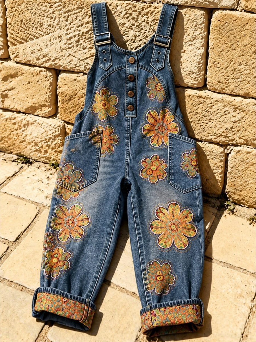 Women's Retro Style Art Print Washed Cotton Denim Patchwork Jumpsuit